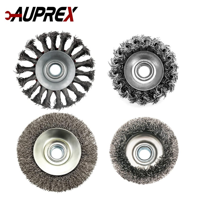 AUPREX 4 Pack Wire Wheel Brush Set for Angle Grinders, 4 & 3 Inch, 5/8'-11 Thread Arbor, Twist Knotted Coarse Crimped Wire Brushes - Image 3
